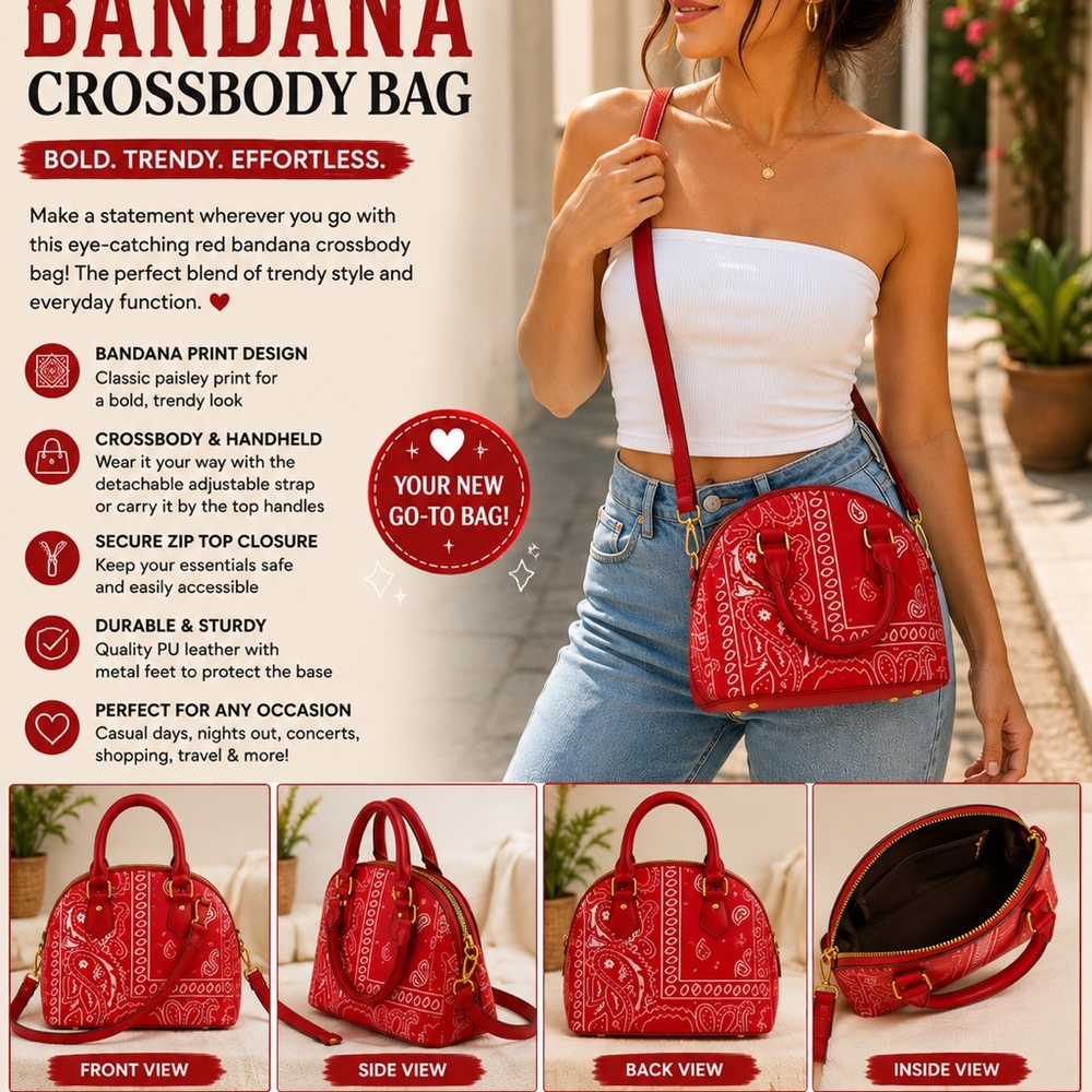 Red Bandana Print Crossbody Purse | Trendy Everyday Shoulder Bag